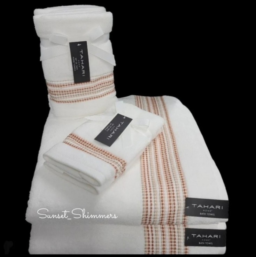 6pc TAHARI Rust Tan Ombre Dot Stripe Luxury Plush Bath Hand Tip Towel Set - Picture 7 of 7